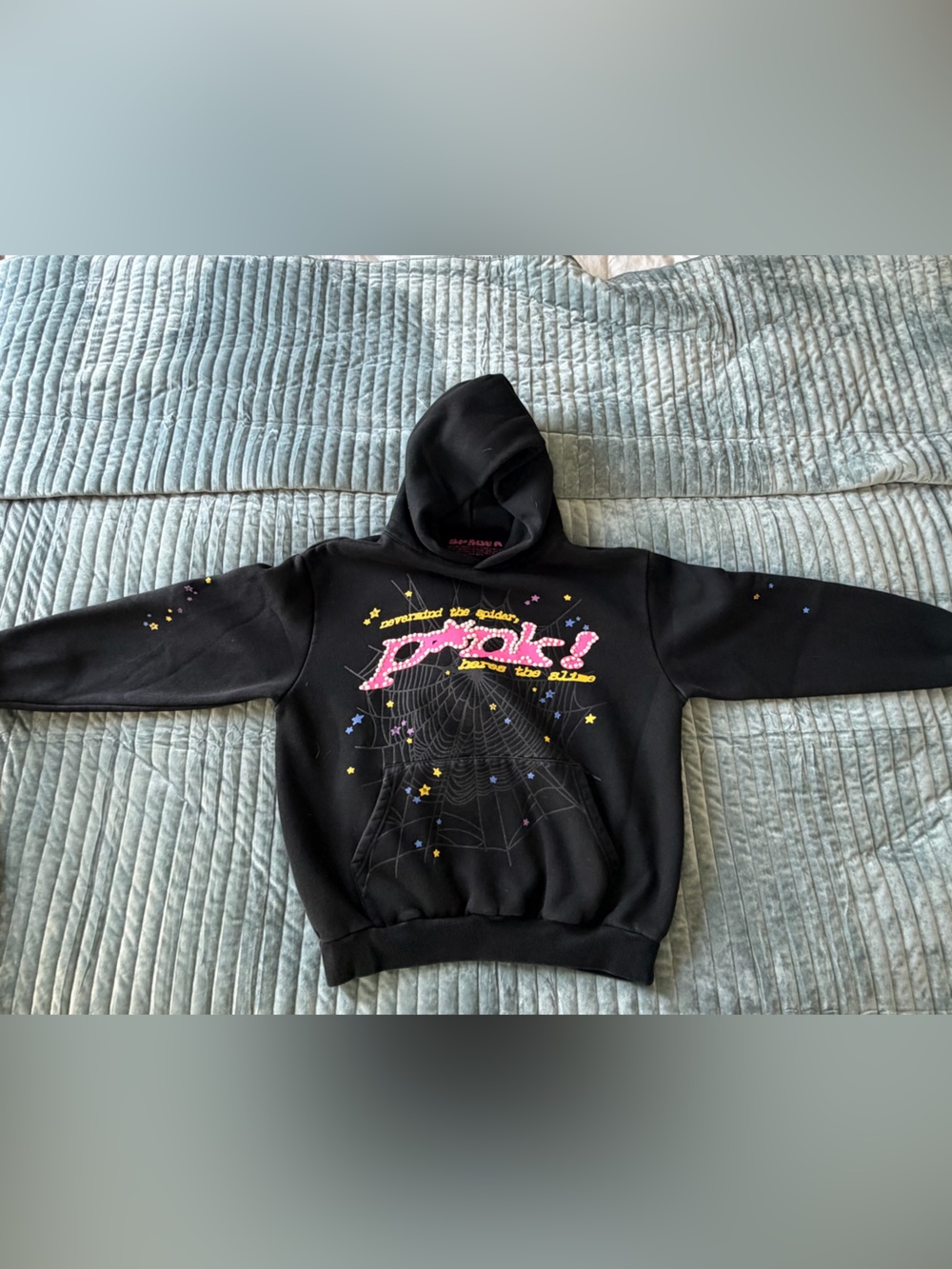 Black Graphic Pullover Hoodie with Pink Logo and Star Details